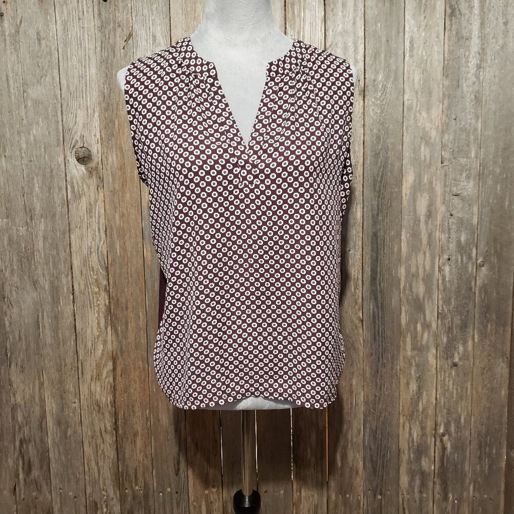 Loft Outlet S Top Blouse Burgundy Geo Split Neck Sleeveless Shell Mixed Media‎